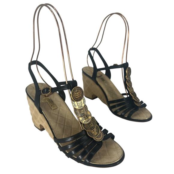 Chanel Coin Medallion Quilted Suede & Leather Heeled Wedge Sandals - Picture 5 of 16